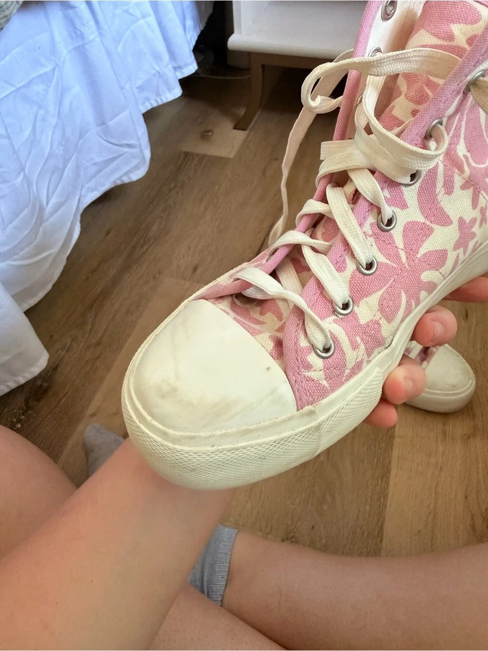 Pink High-Top Canvas Sneakers - Floral Pattern- Size 9